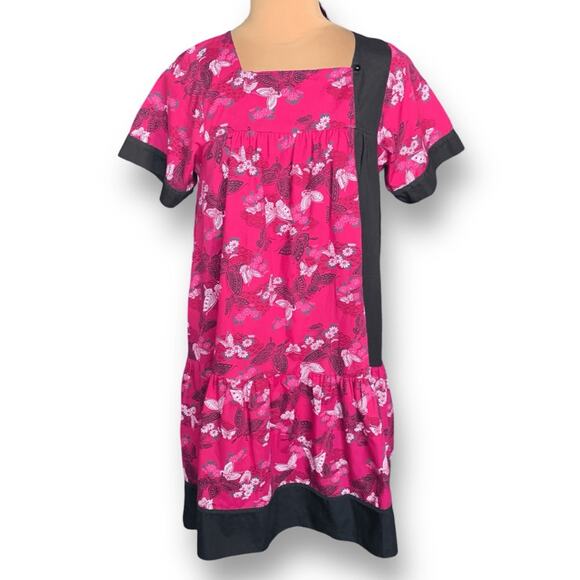 Vintage RM Made in Hawaii Pink Butterfly Dress Black Trim Square Neck Ruffle Hem - Picture 9 of 9